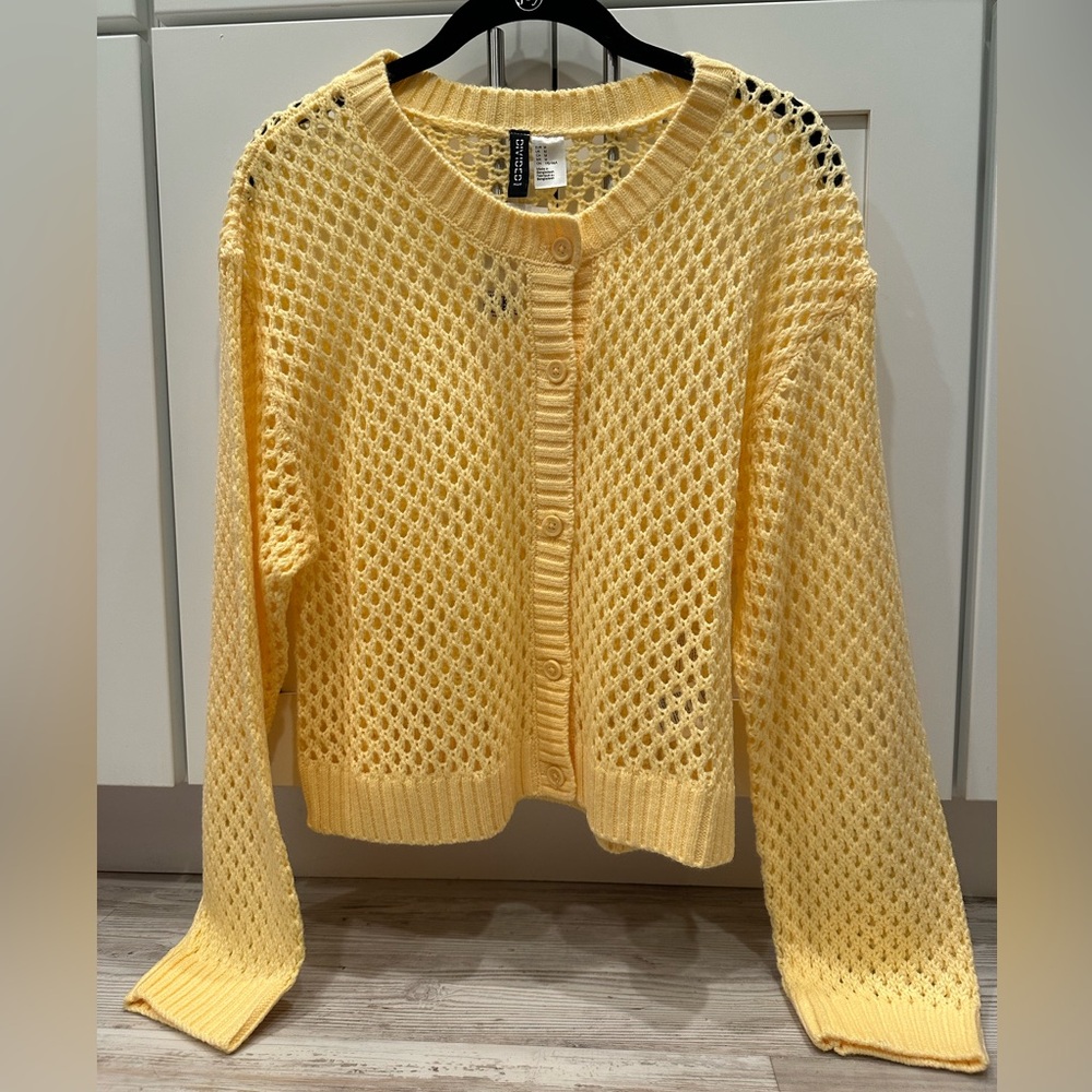 H&M Bright Pastel Yellow Orange Chunky Knit Sweater Cardigan long sleeve - Picture 2 of 11